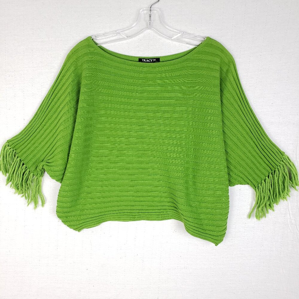 Vintage Y2K Tracy M Poncho Sweater Ribbed Fringe Boxy Oversized Lime Green sz S
